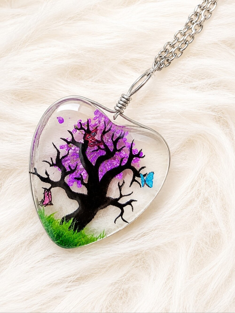 NWT Handmade Puffy Heart Pendant Necklace with Purple Floral Design Size 20.5"